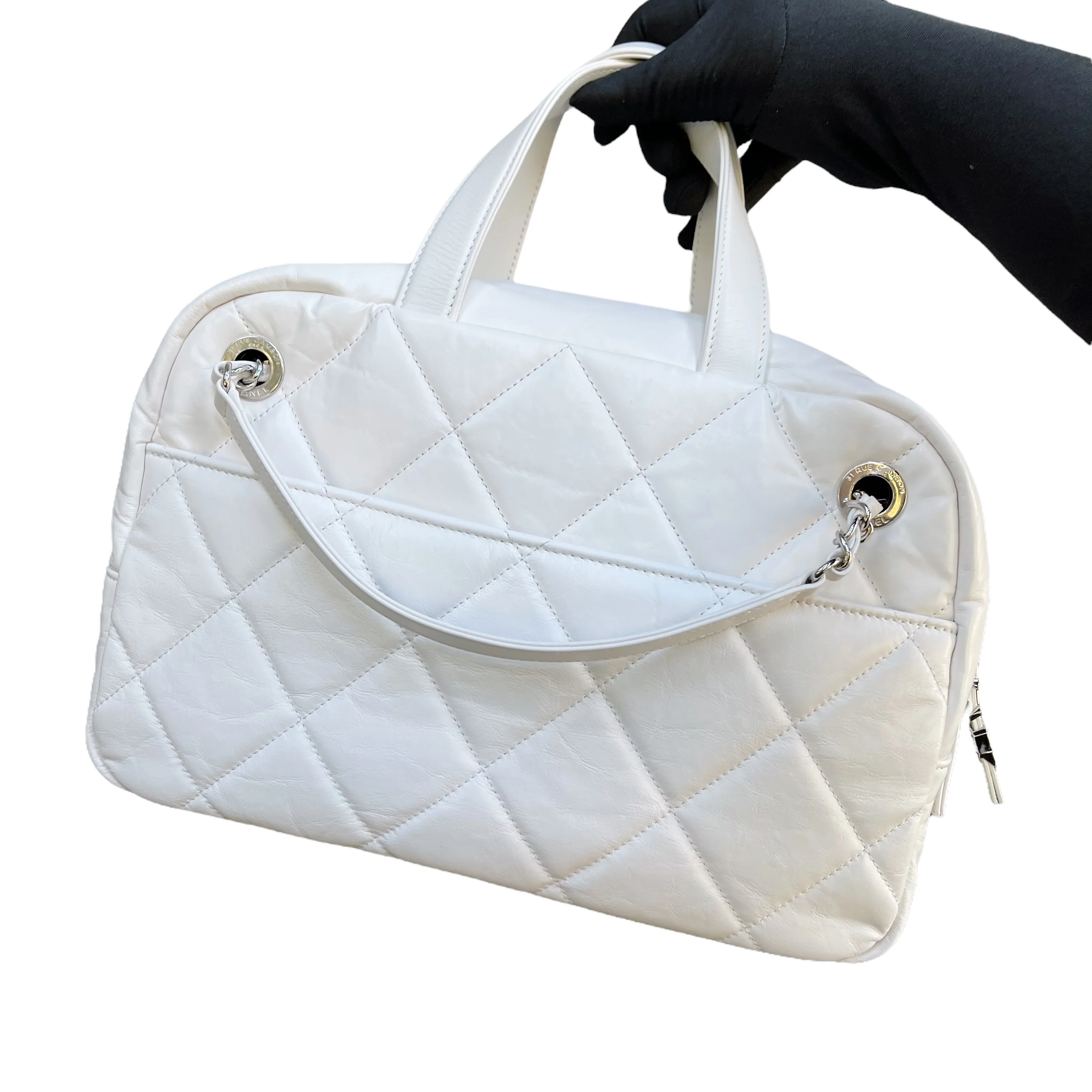 Aged Calfskin Quilted Express Bowling White SHW - Image 11
