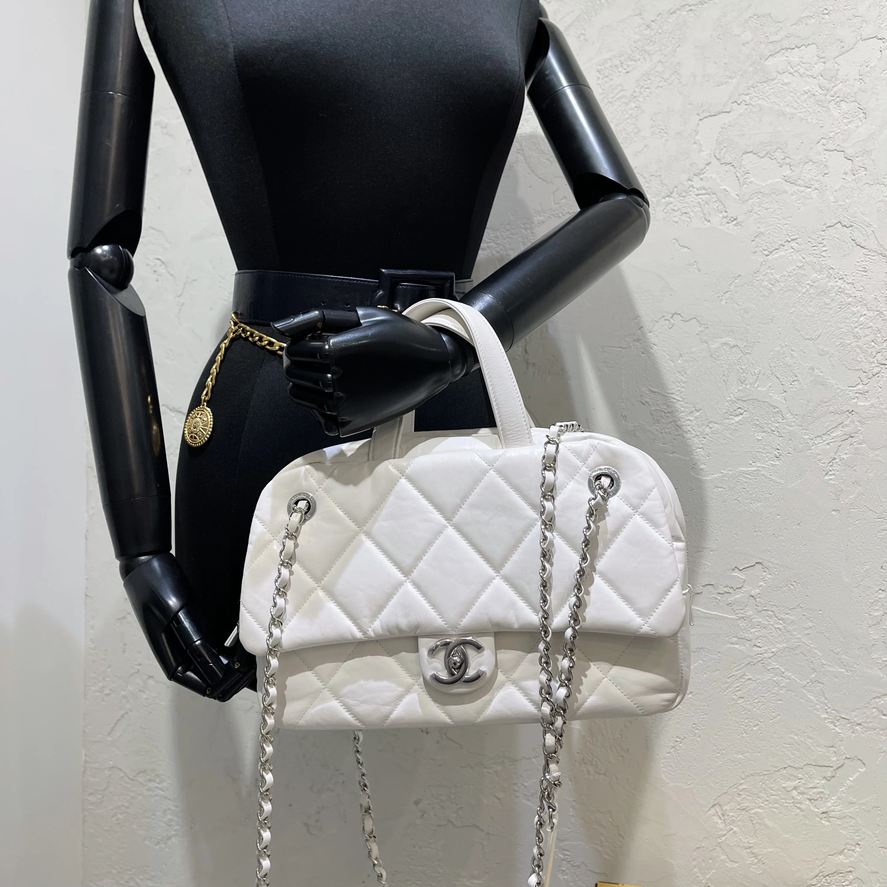 Aged Calfskin Quilted Express Bowling White SHW - Image 21