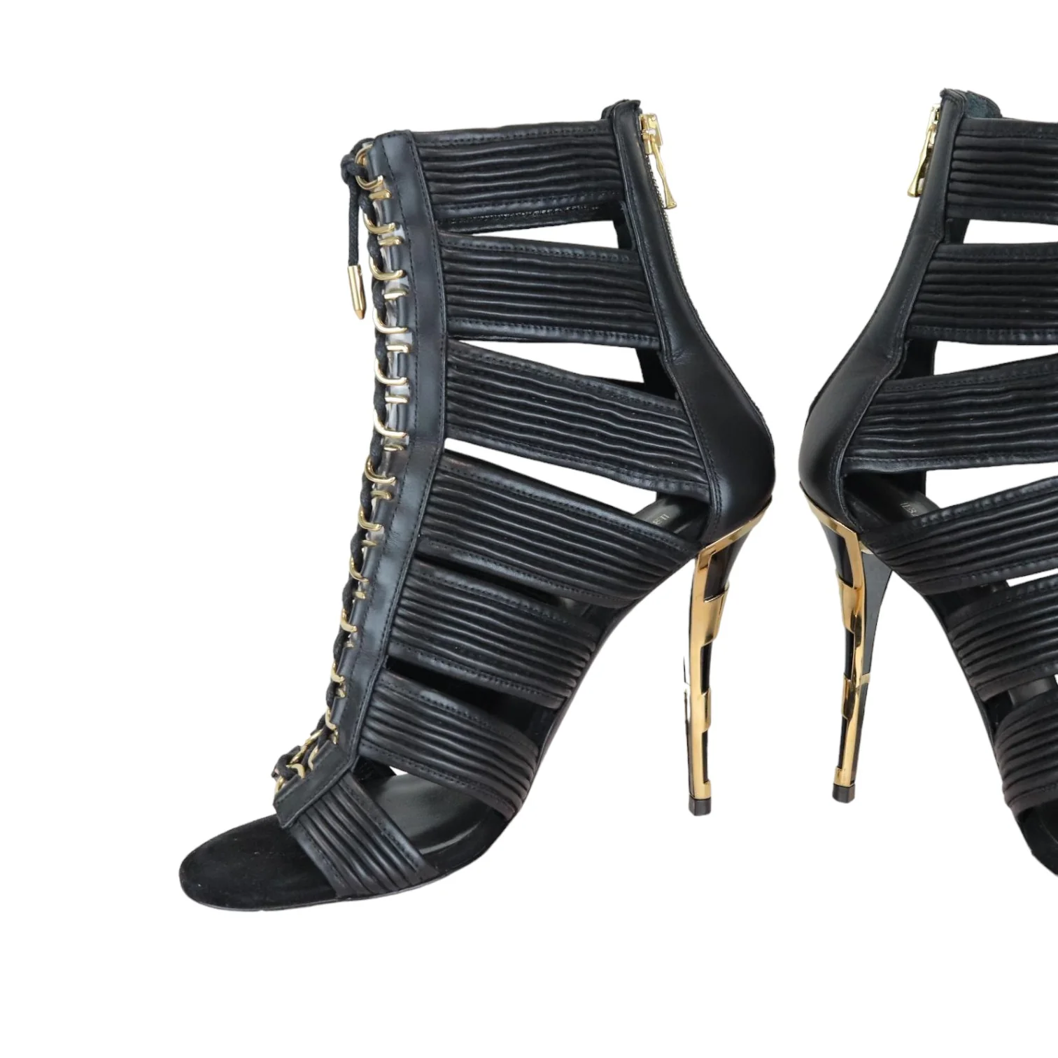 Lace Up Ankle Heels Black and Gold Size 37 - Image 3