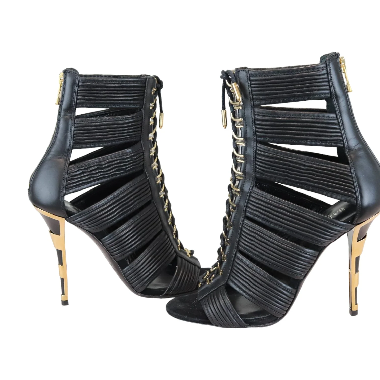 Lace Up Ankle Heels Black and Gold Size 37 - Image 5