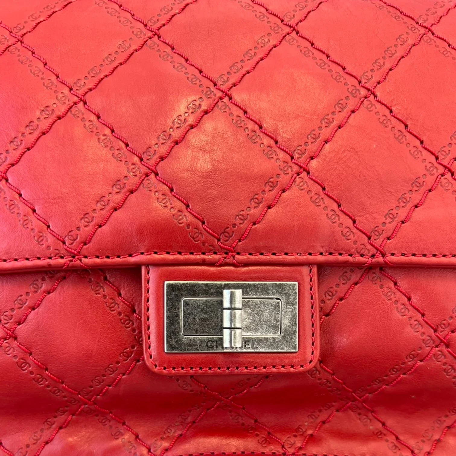 2.55 Reissue 227 Flap Aged Calfskin Embossed Logo Quilted Red RHW - Image 11