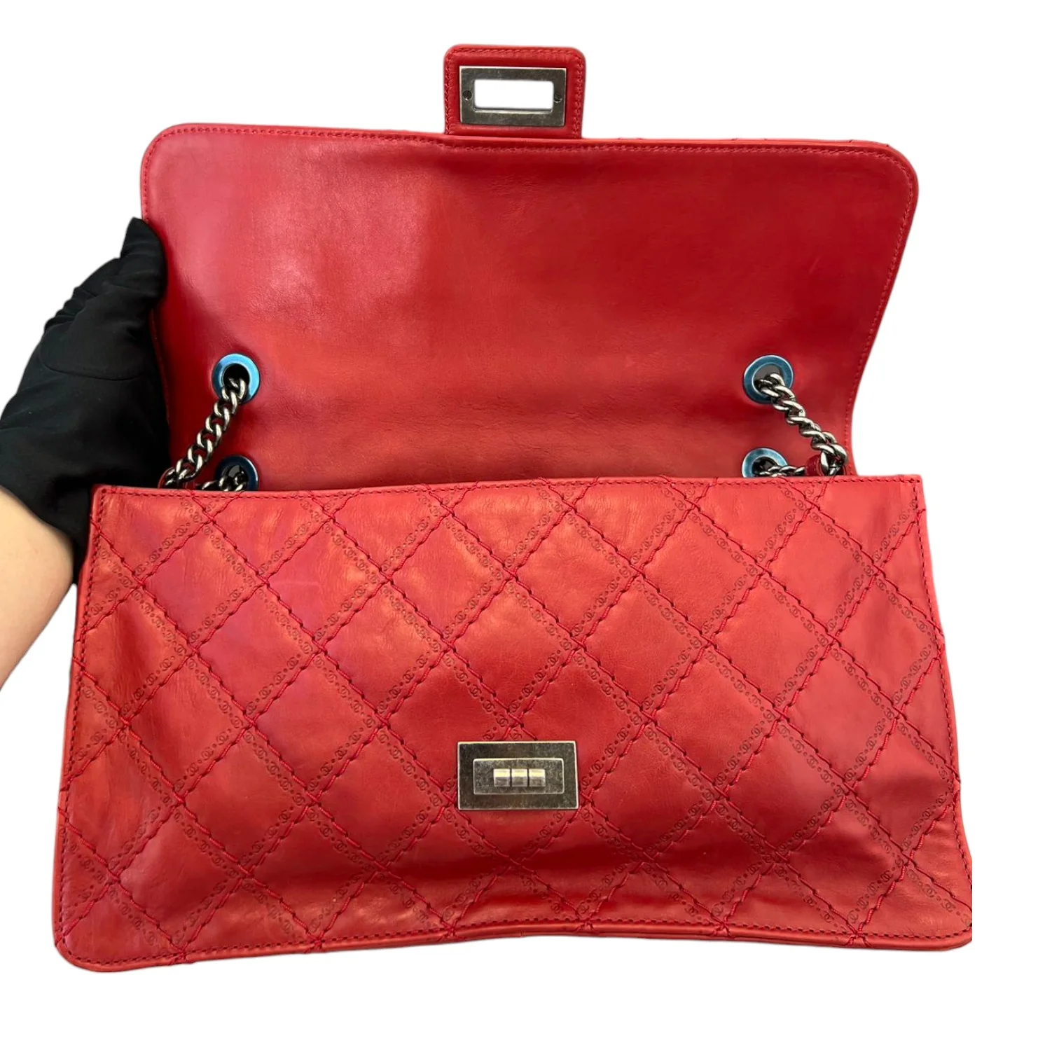 2.55 Reissue 227 Flap Aged Calfskin Embossed Logo Quilted Red RHW - Image 15