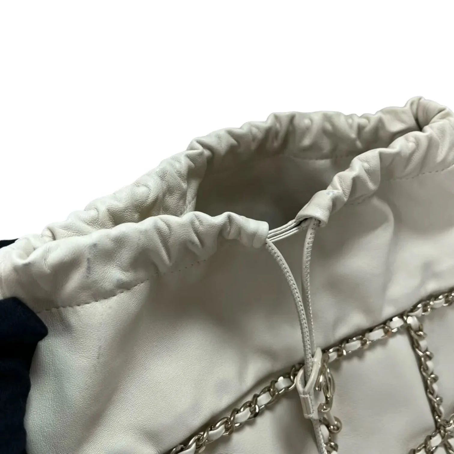 Chain Bucket Drawstring Lambskin White GHW - Image 10