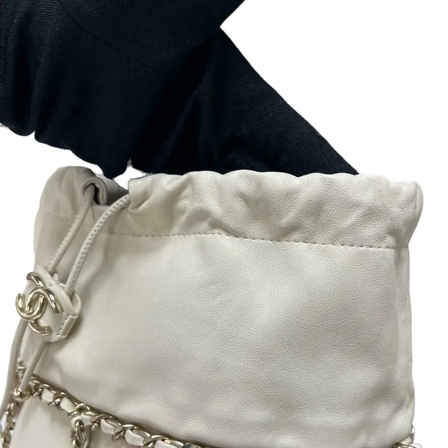 Chain Bucket Drawstring Lambskin White GHW - Image 11
