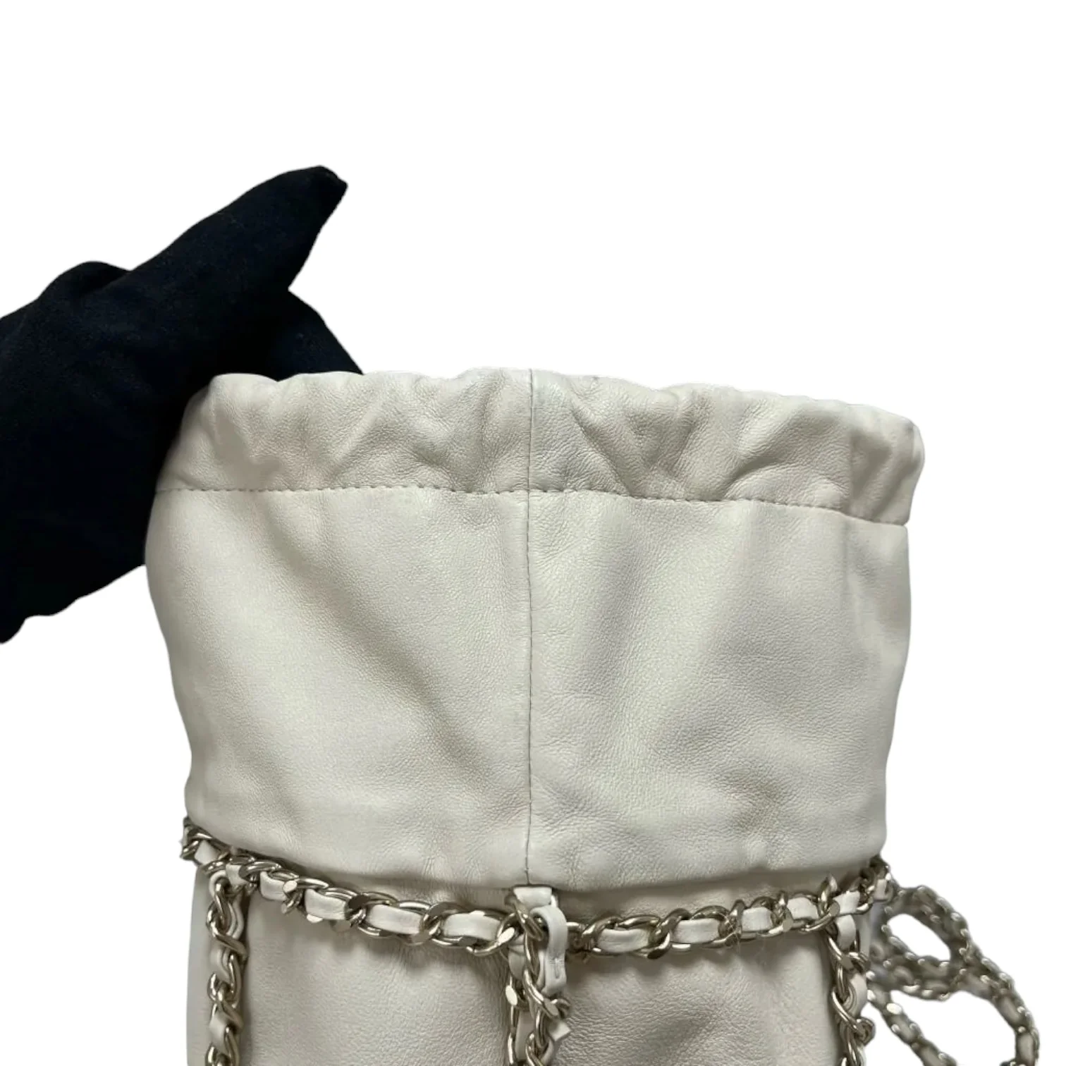 Chain Bucket Drawstring Lambskin White GHW - Image 12