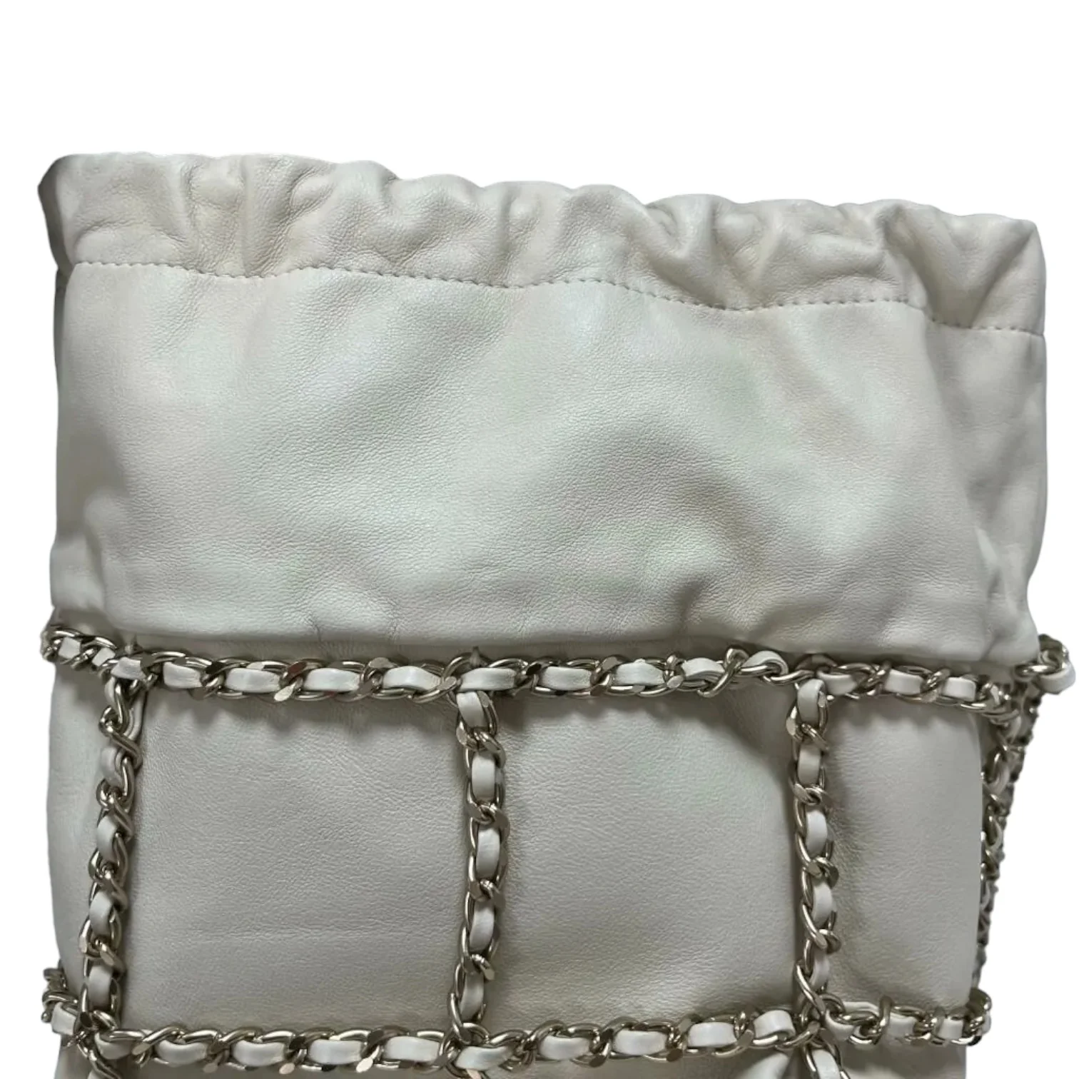 Chain Bucket Drawstring Lambskin White GHW - Image 14