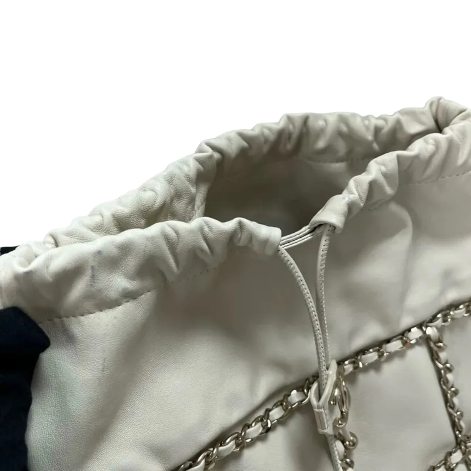 Chain Bucket Drawstring Lambskin White GHW - Image 15
