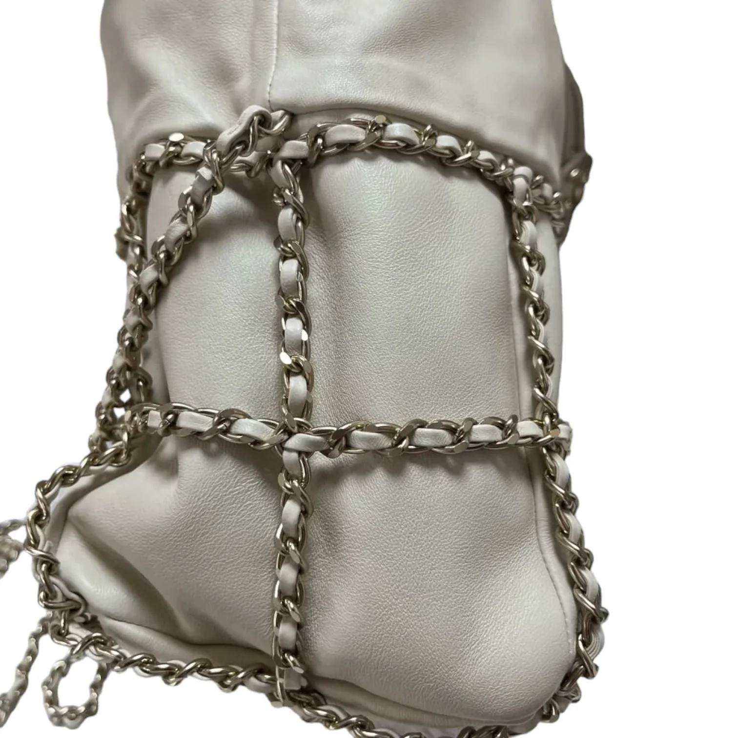Chain Bucket Drawstring Lambskin White GHW - Image 16