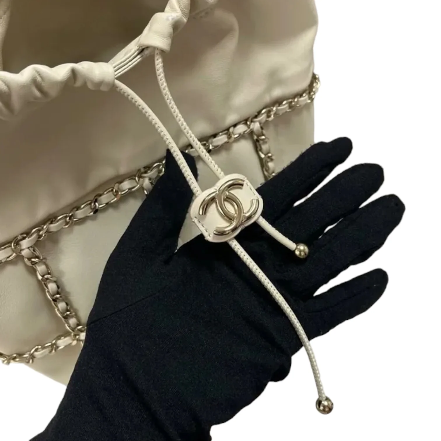 Chain Bucket Drawstring Lambskin White GHW - Image 18