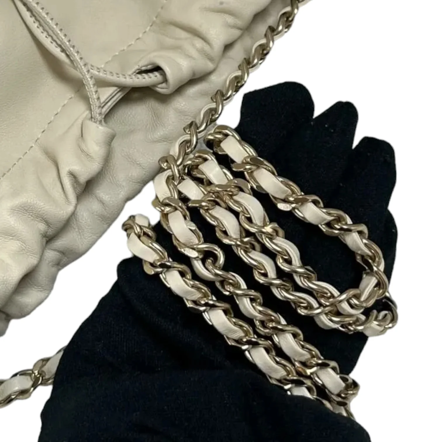 Chain Bucket Drawstring Lambskin White GHW - Image 19