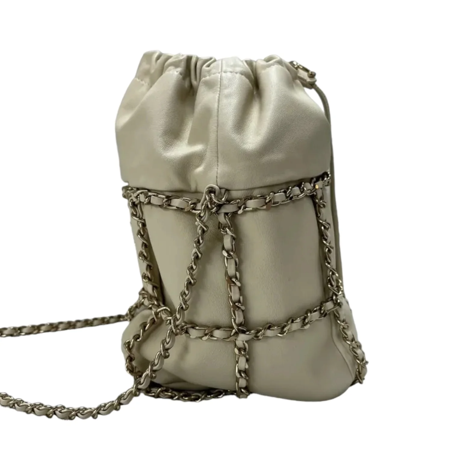Chain Bucket Drawstring Lambskin White GHW - Image 2