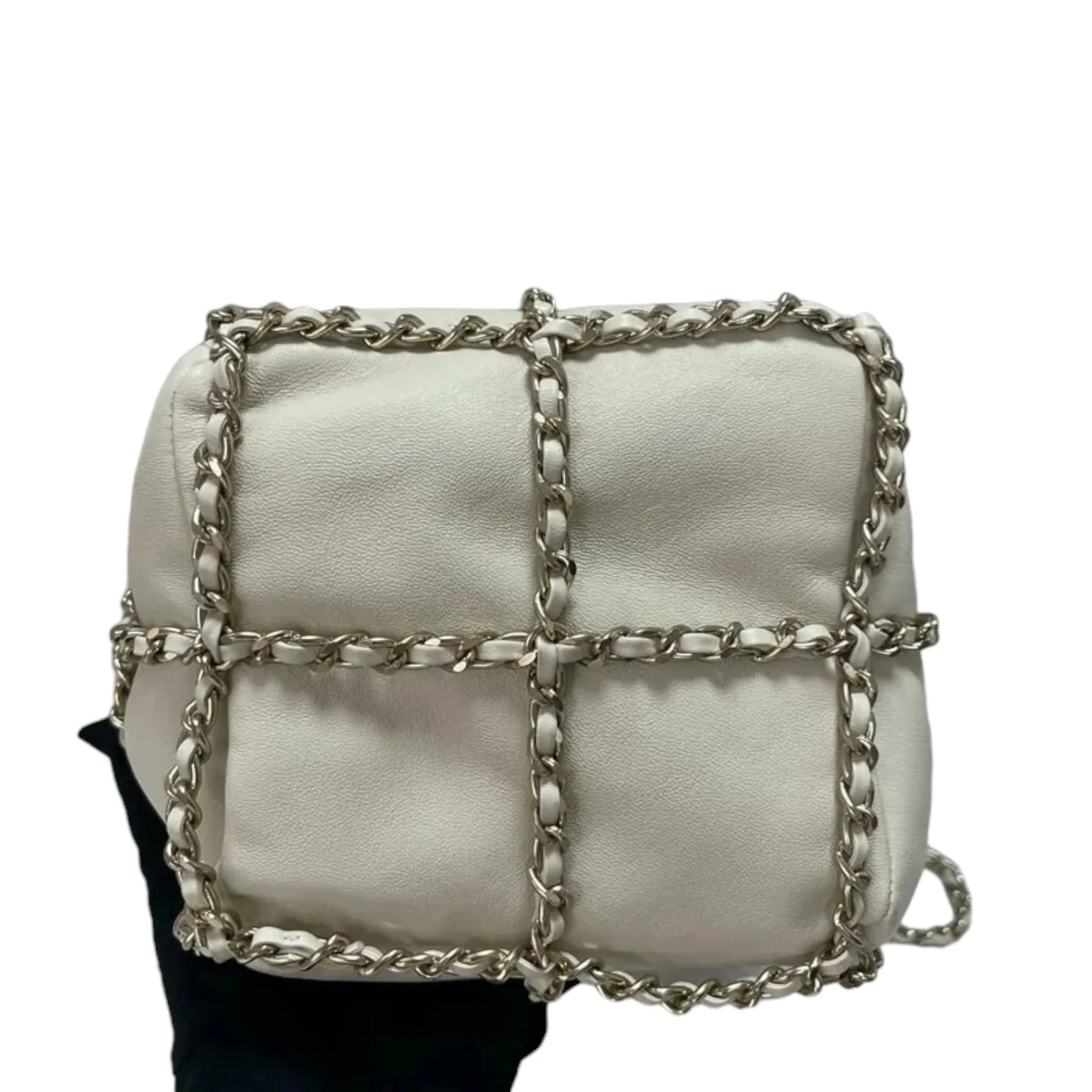 Chain Bucket Drawstring Lambskin White GHW - Image 3
