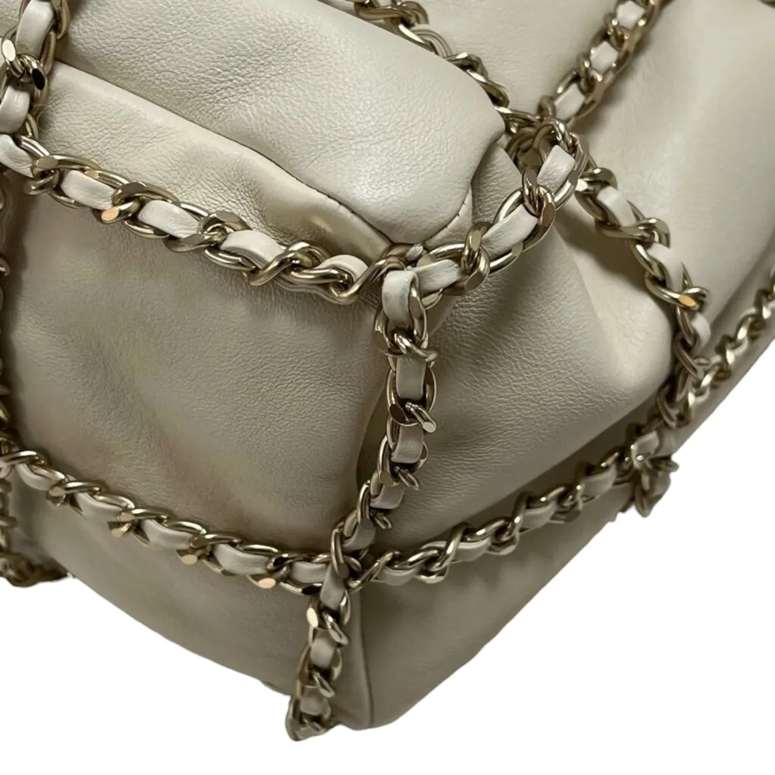 Chain Bucket Drawstring Lambskin White GHW - Image 7