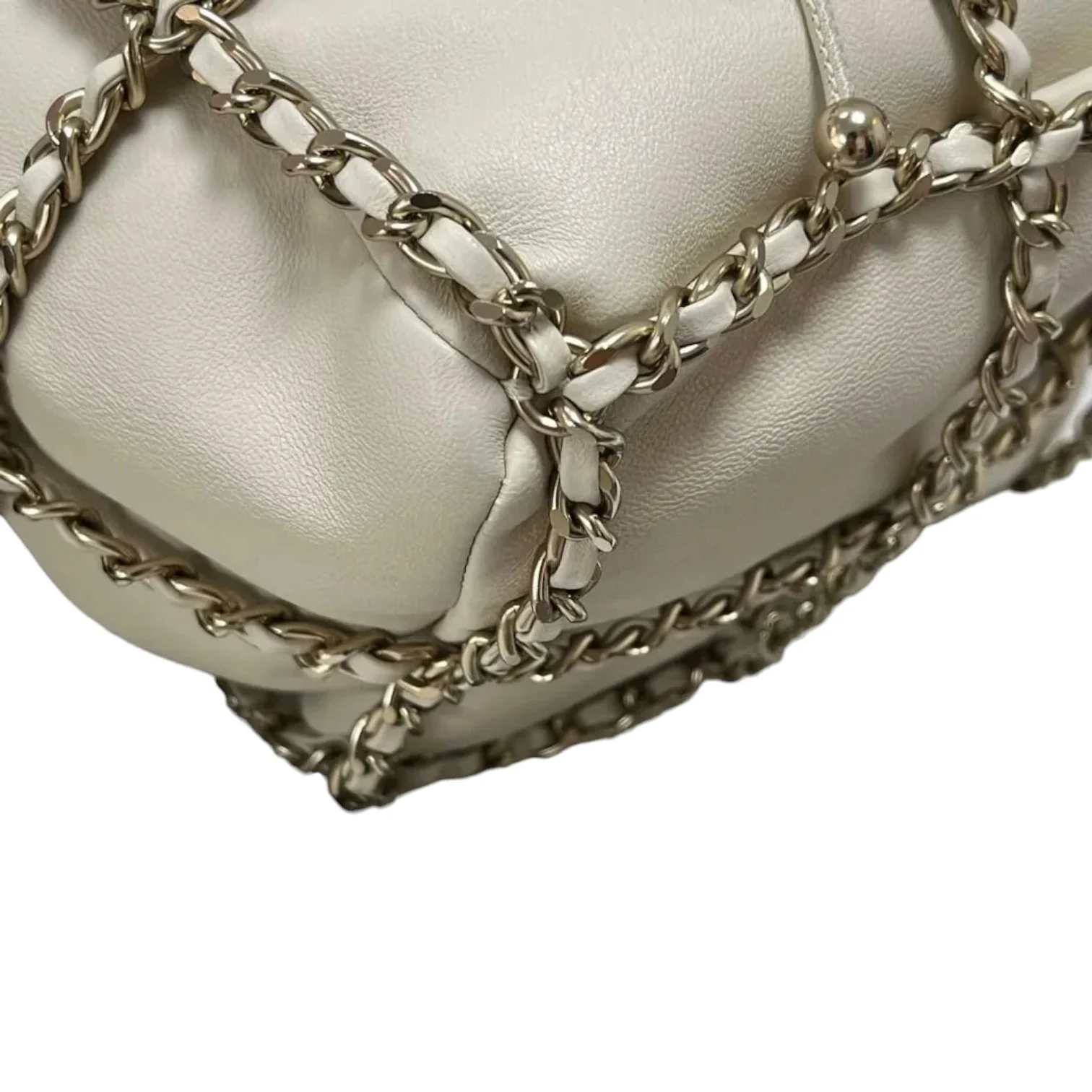 Chain Bucket Drawstring Lambskin White GHW - Image 8