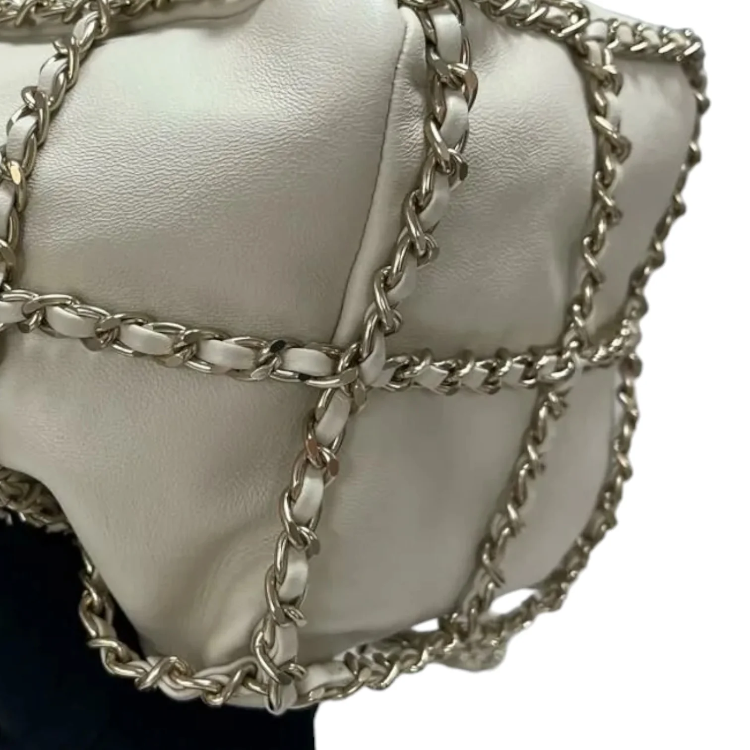 Chain Bucket Drawstring Lambskin White GHW - Image 9