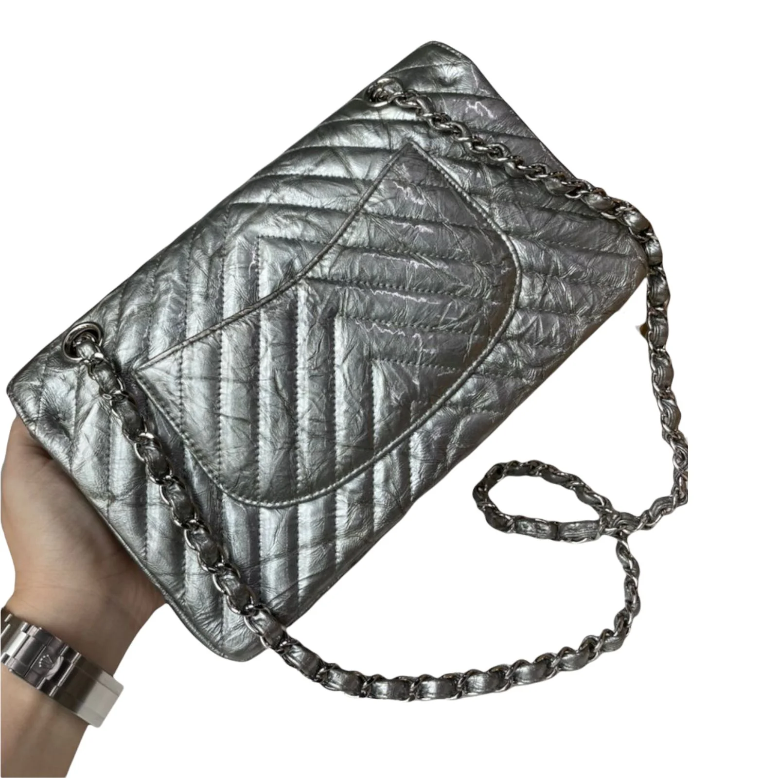 Chevron Double Flap Medium Crumpled Calfskin Silver SHW - Image 2