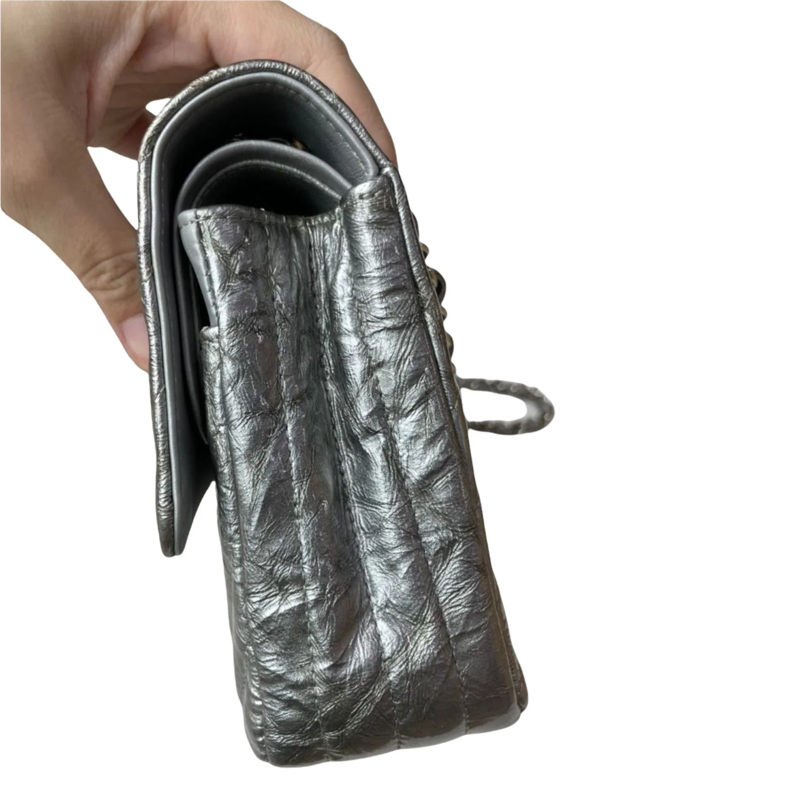 Chevron Double Flap Medium Crumpled Calfskin Silver SHW - Image 5