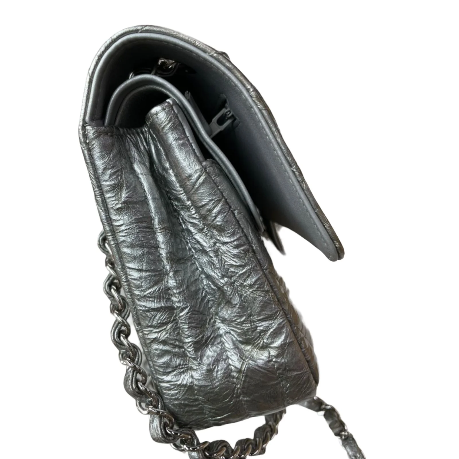 Chevron Double Flap Medium Crumpled Calfskin Silver SHW - Image 6