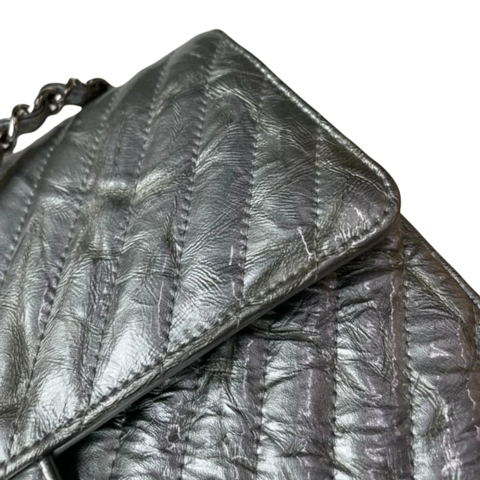 Chevron Double Flap Medium Crumpled Calfskin Silver SHW - Image 7