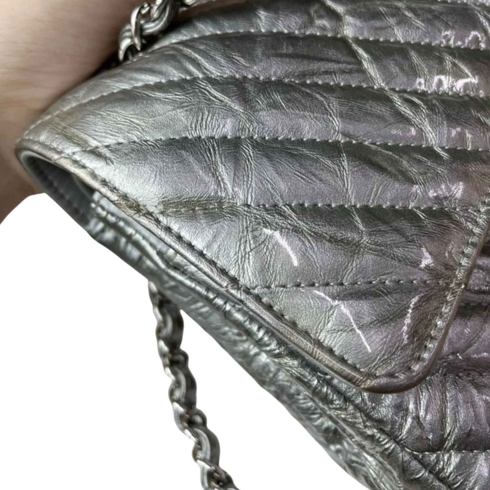 Chevron Double Flap Medium Crumpled Calfskin Silver SHW - Image 9