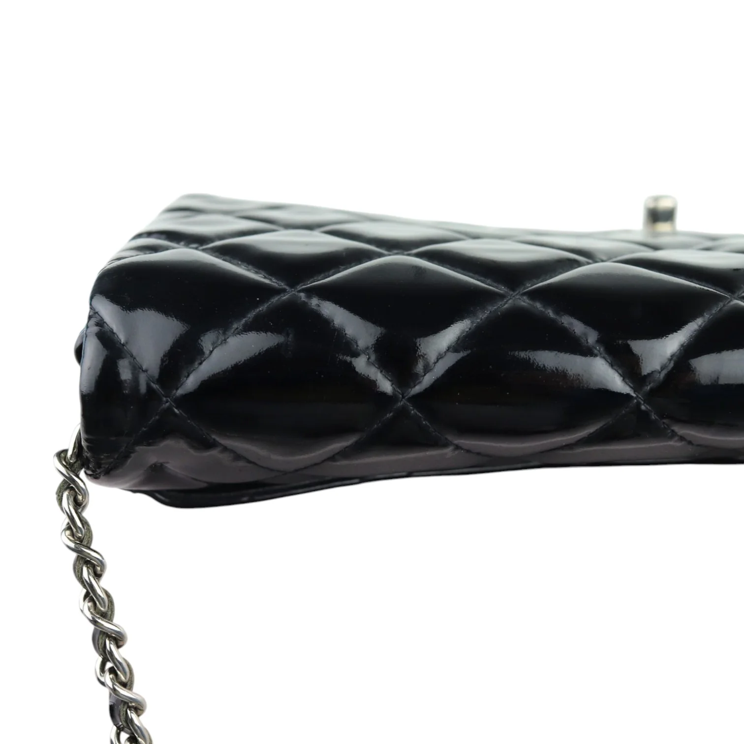 Clutch with Chain Flap Patent Quilted Black SHW - Image 16
