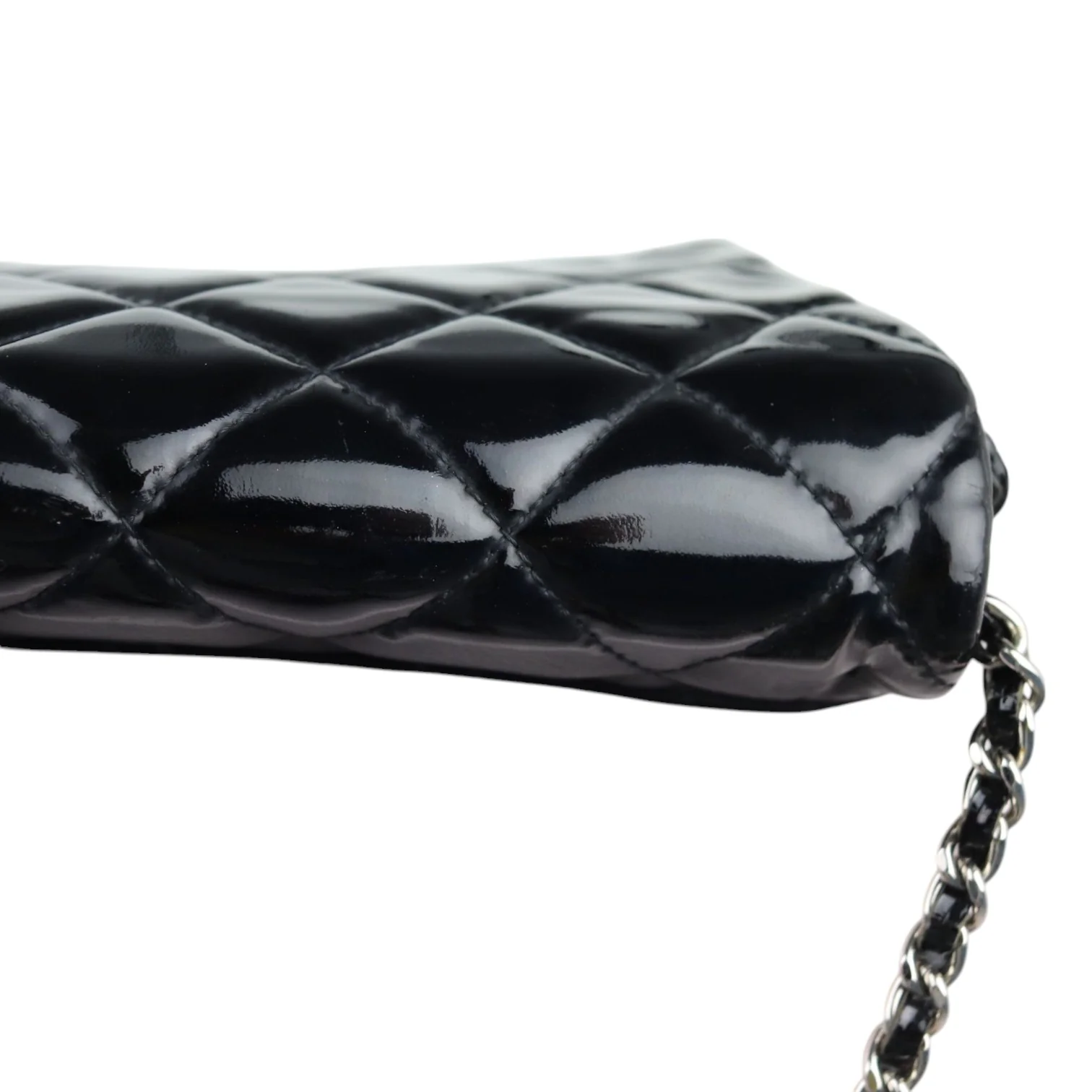 Clutch with Chain Flap Patent Quilted Black SHW - Image 17