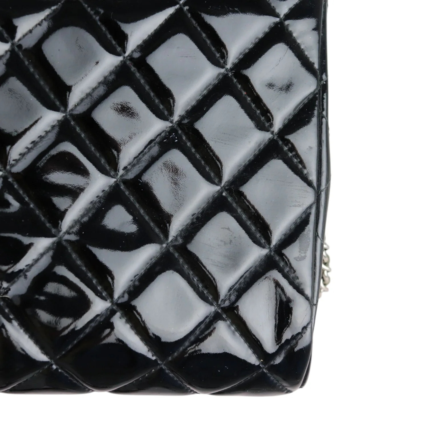 Clutch with Chain Flap Patent Quilted Black SHW - Image 18