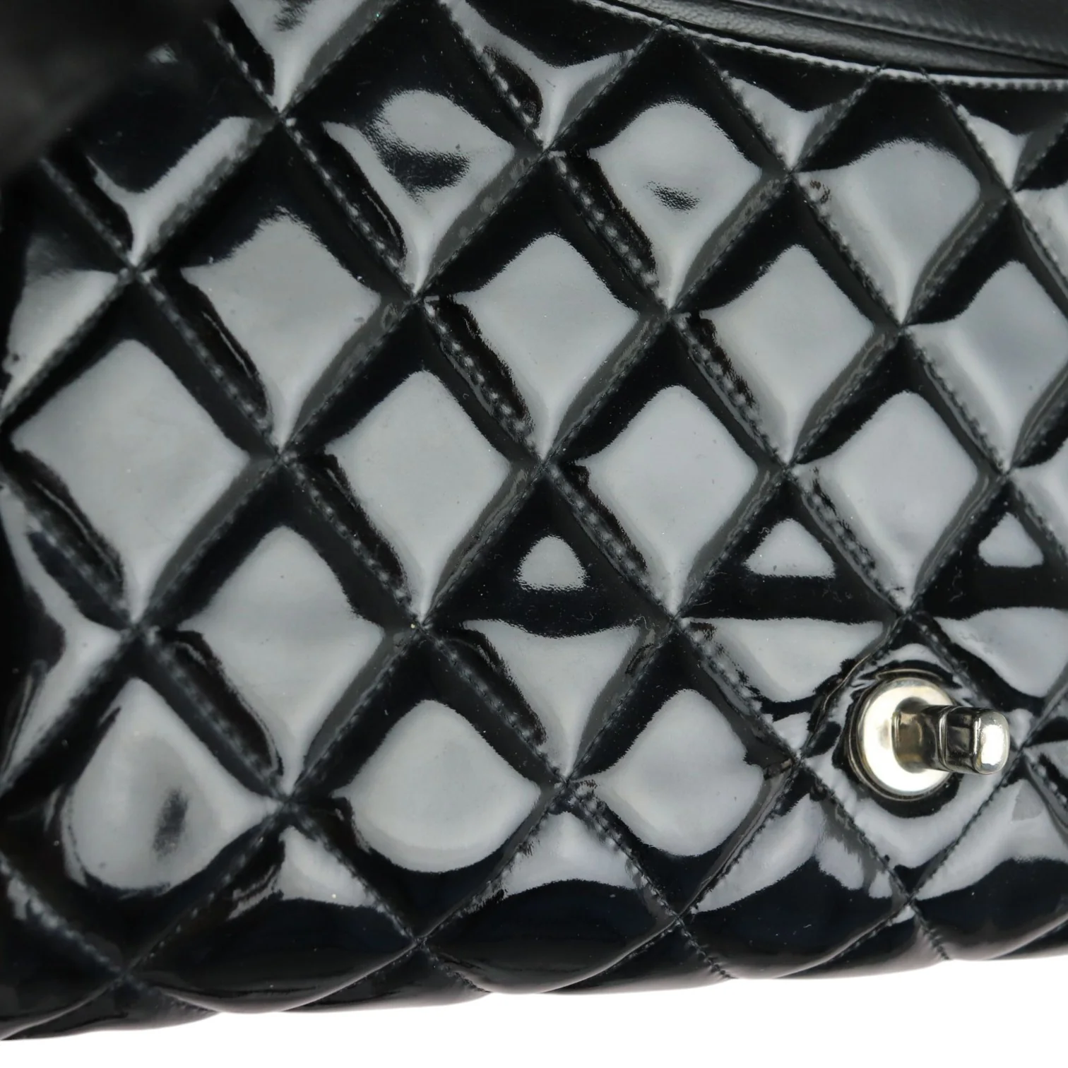 Clutch with Chain Flap Patent Quilted Black SHW - Image 23