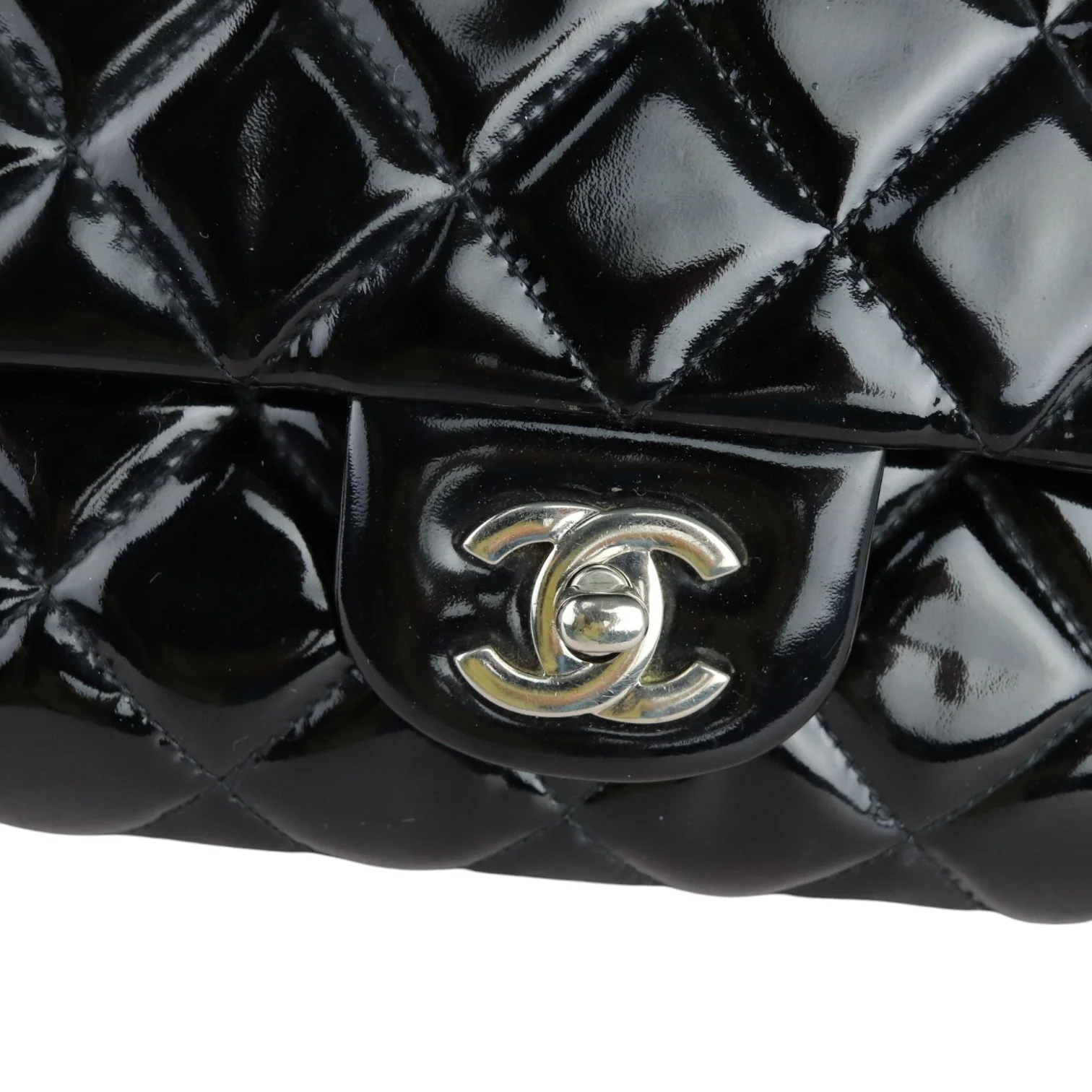 Clutch with Chain Flap Patent Quilted Black SHW - Image 24