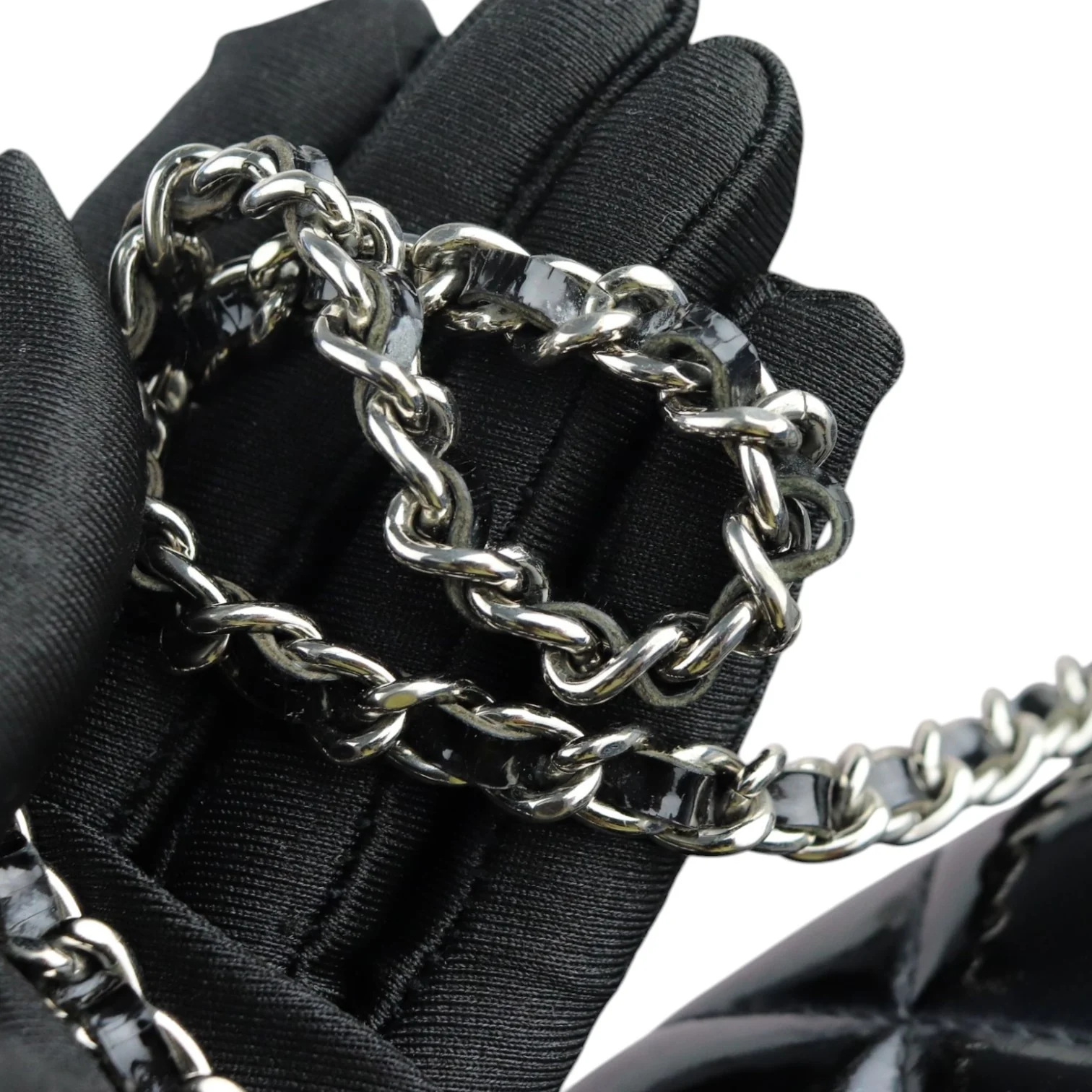 Clutch with Chain Flap Patent Quilted Black SHW - Image 27