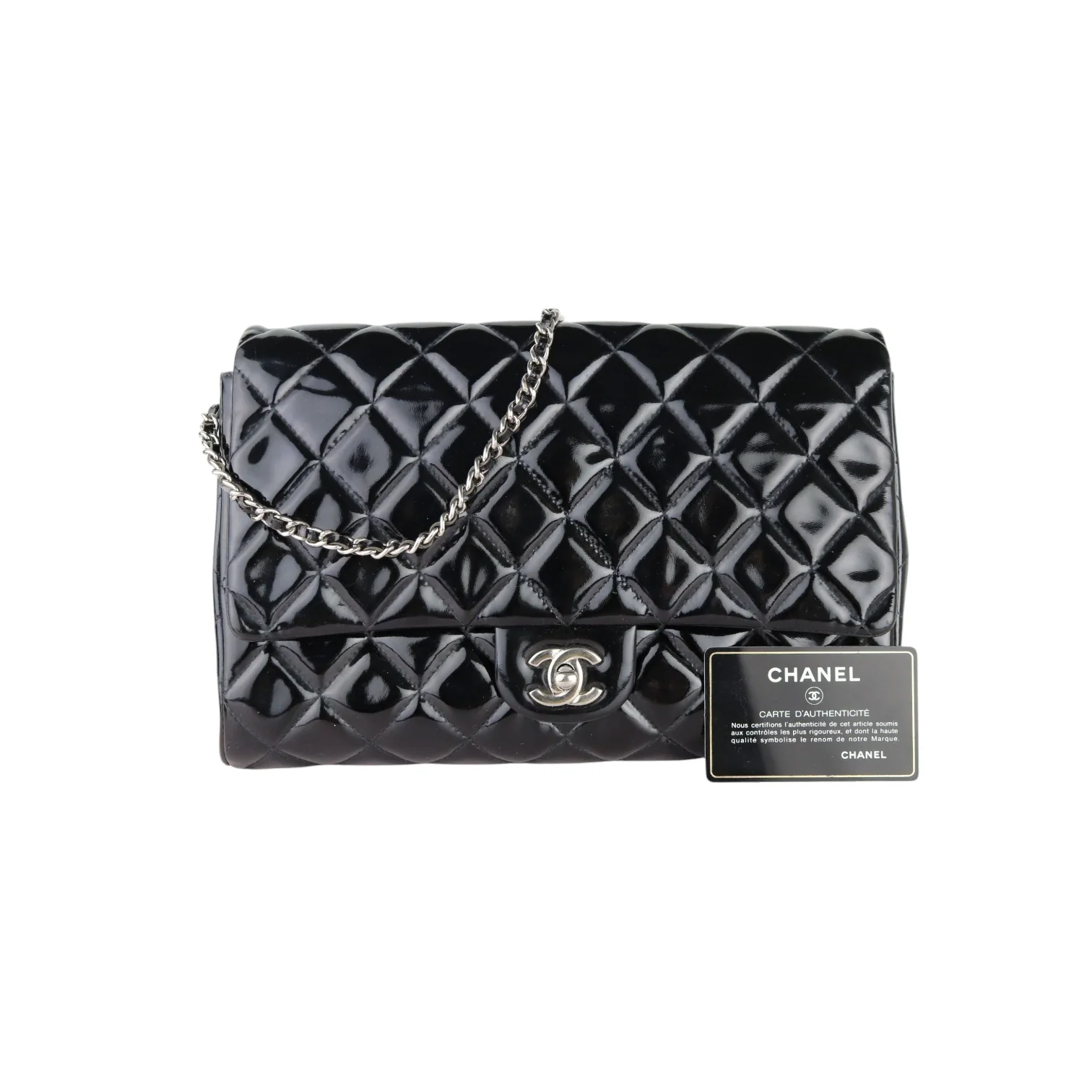 Clutch with Chain Flap Patent Quilted Black SHW - Image 3