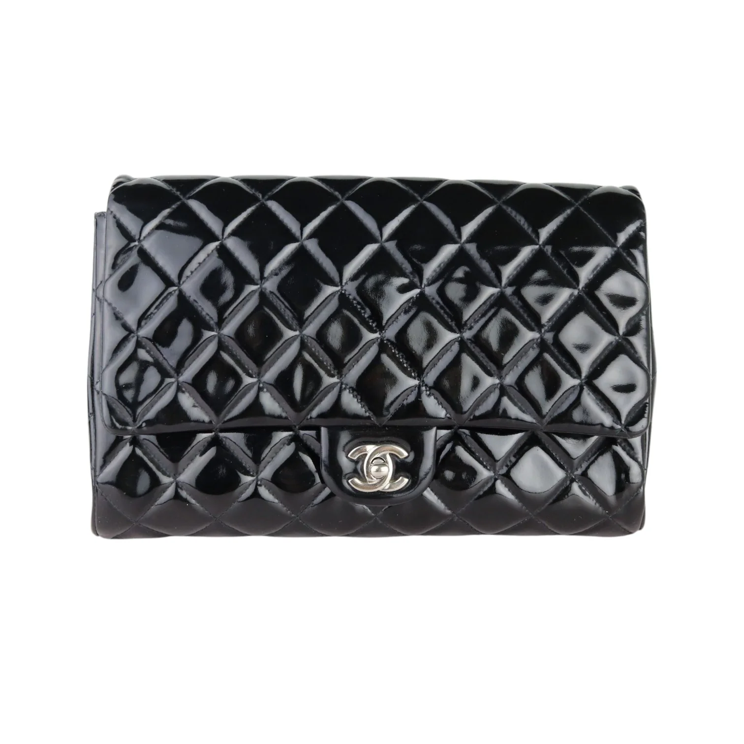Clutch with Chain Flap Patent Quilted Black SHW - Image 4