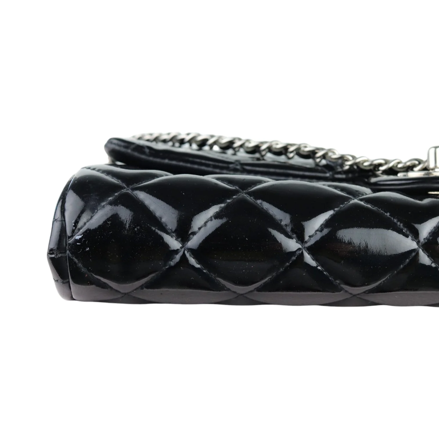 Clutch with Chain Flap Patent Quilted Black SHW - Image 9