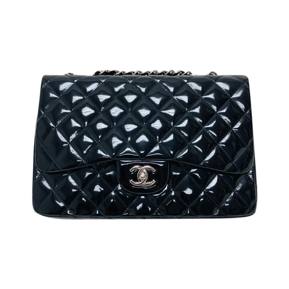 Jumbo Quilted Patent Single Flap Bag in Black with SHW