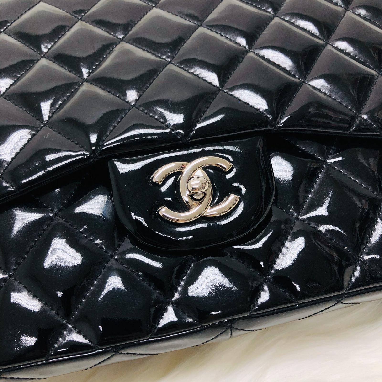 Jumbo Quilted Patent Single Flap Bag in Black with SHW - Image 2
