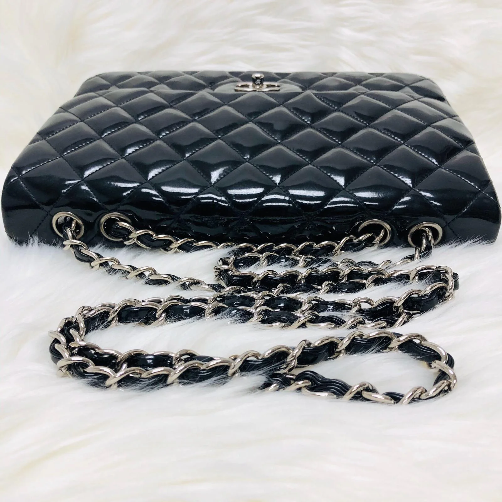 Jumbo Quilted Patent Single Flap Bag in Black with SHW - Image 8