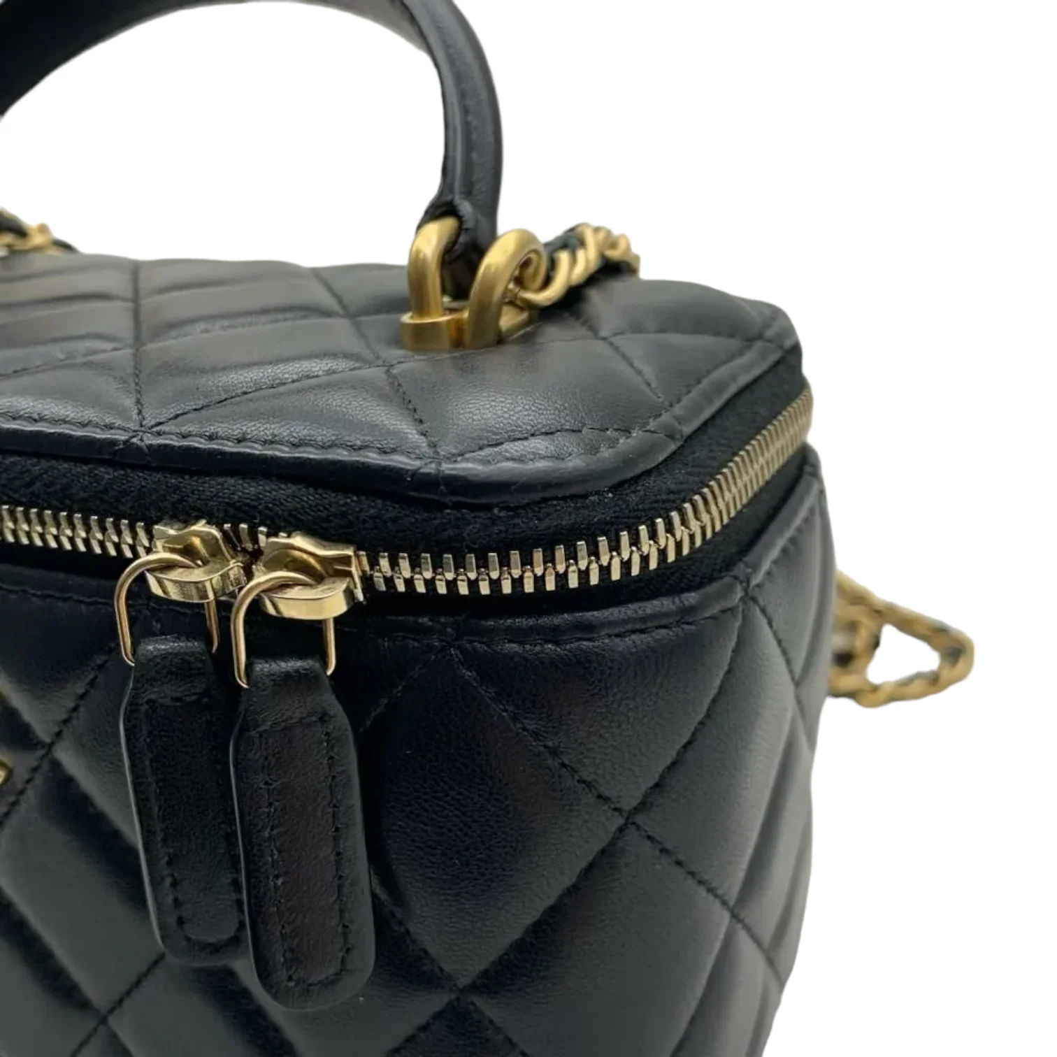 Lambskin Small Top Handle Vanity Case with Chain Black GHW - Image 12