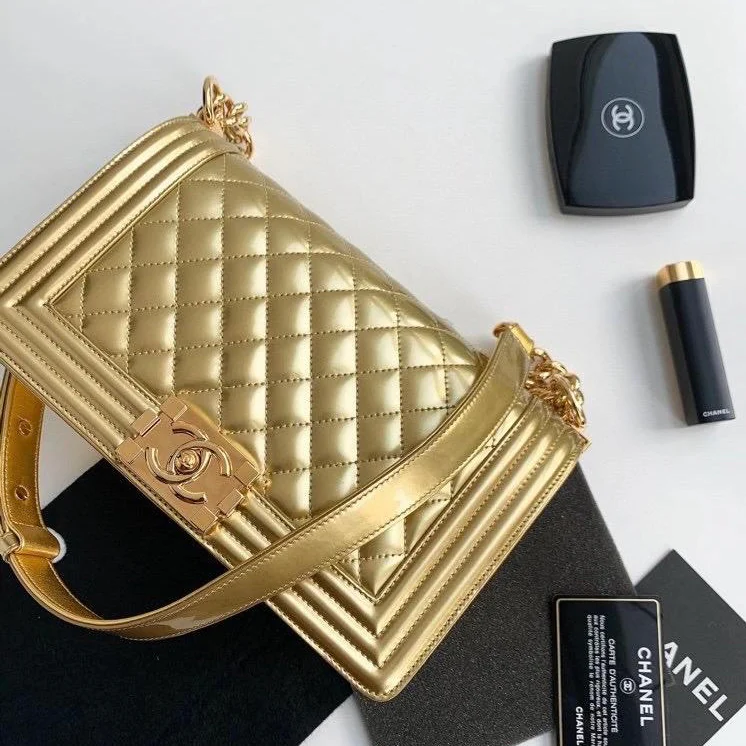 Old Medium Boy Bag in Patent Gold with GHW - Image 12