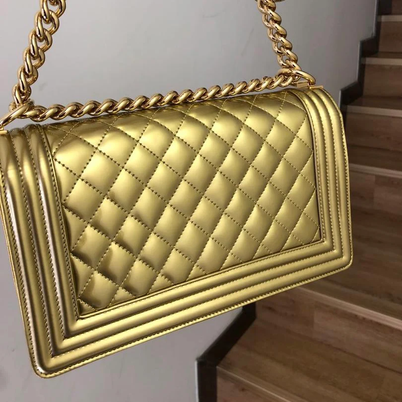 Old Medium Boy Bag in Patent Gold with GHW - Image 14