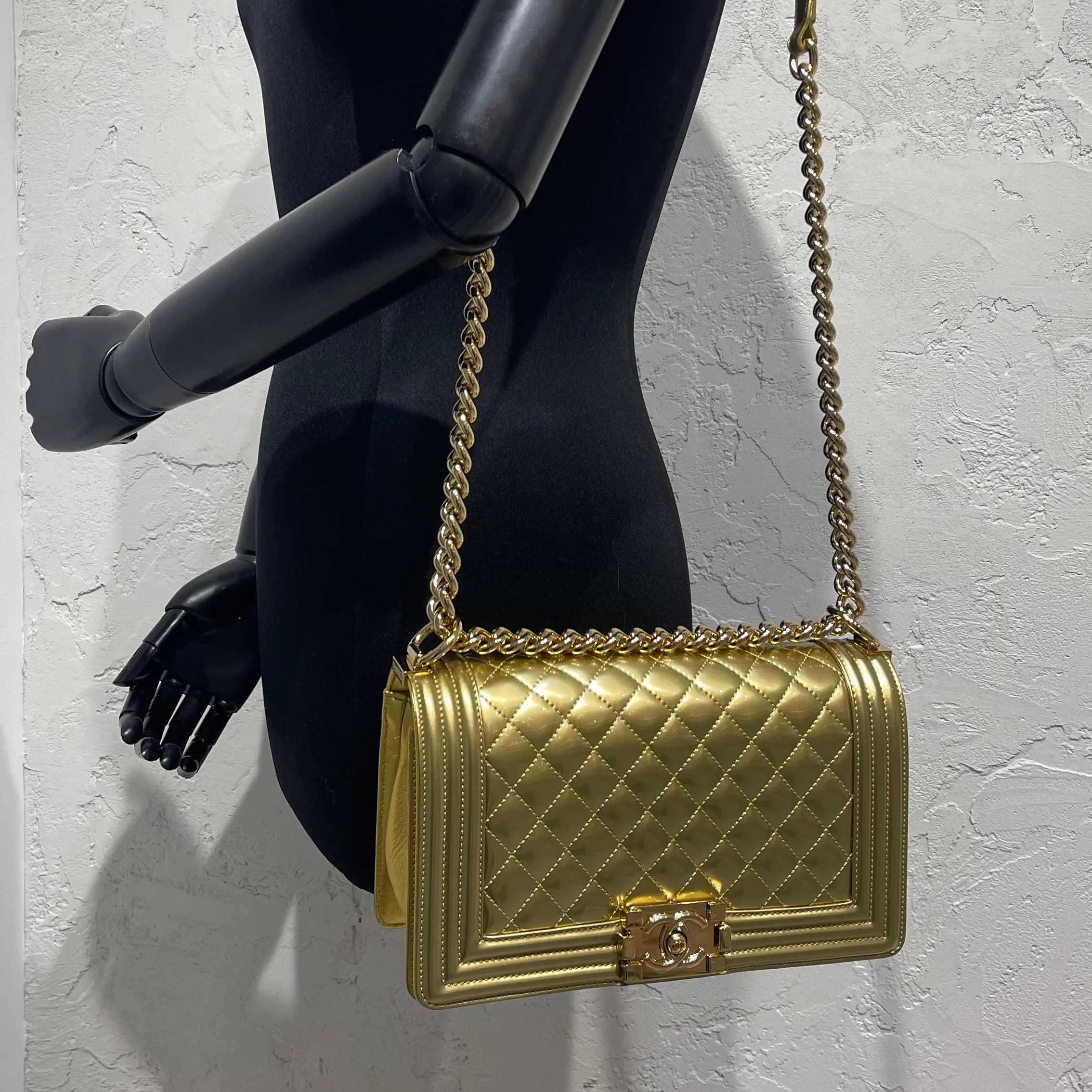 Old Medium Boy Bag in Patent Gold with GHW - Image 23