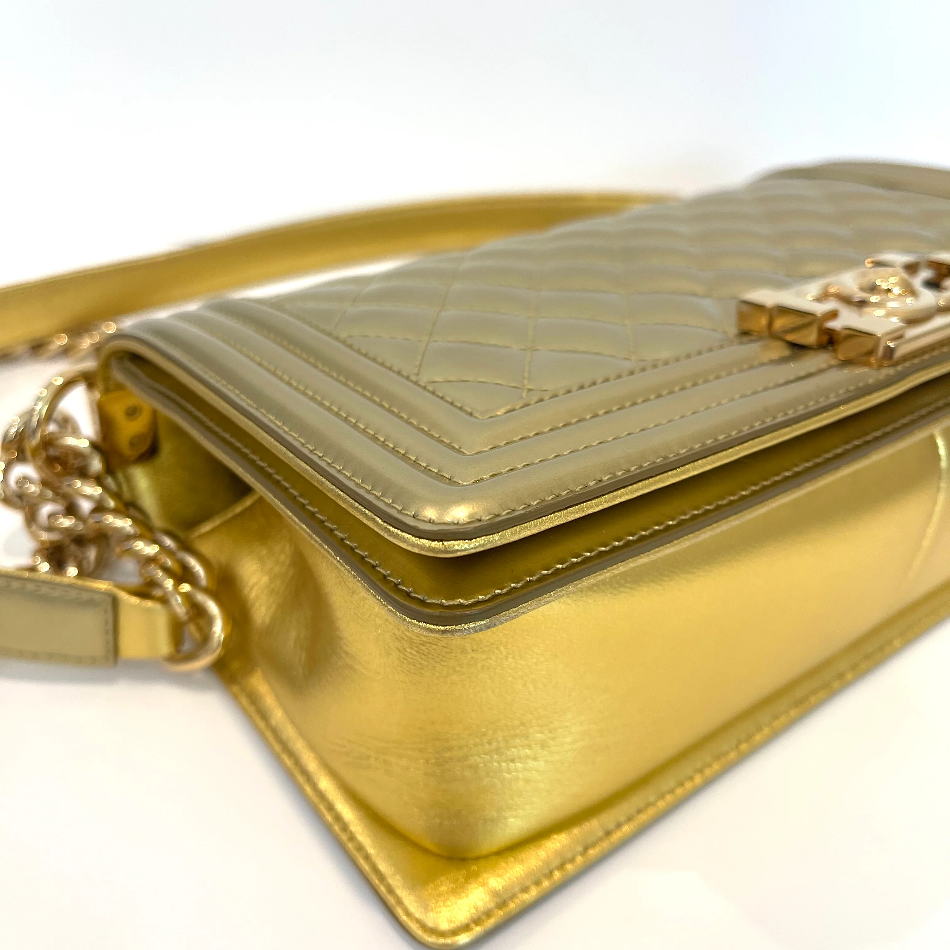 Old Medium Boy Bag in Patent Gold with GHW - Image 8