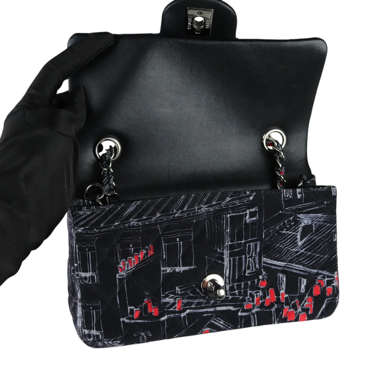 Paris Rooftops Mini Flap Crossbody Fabrics Black Red White SHW - Image 20