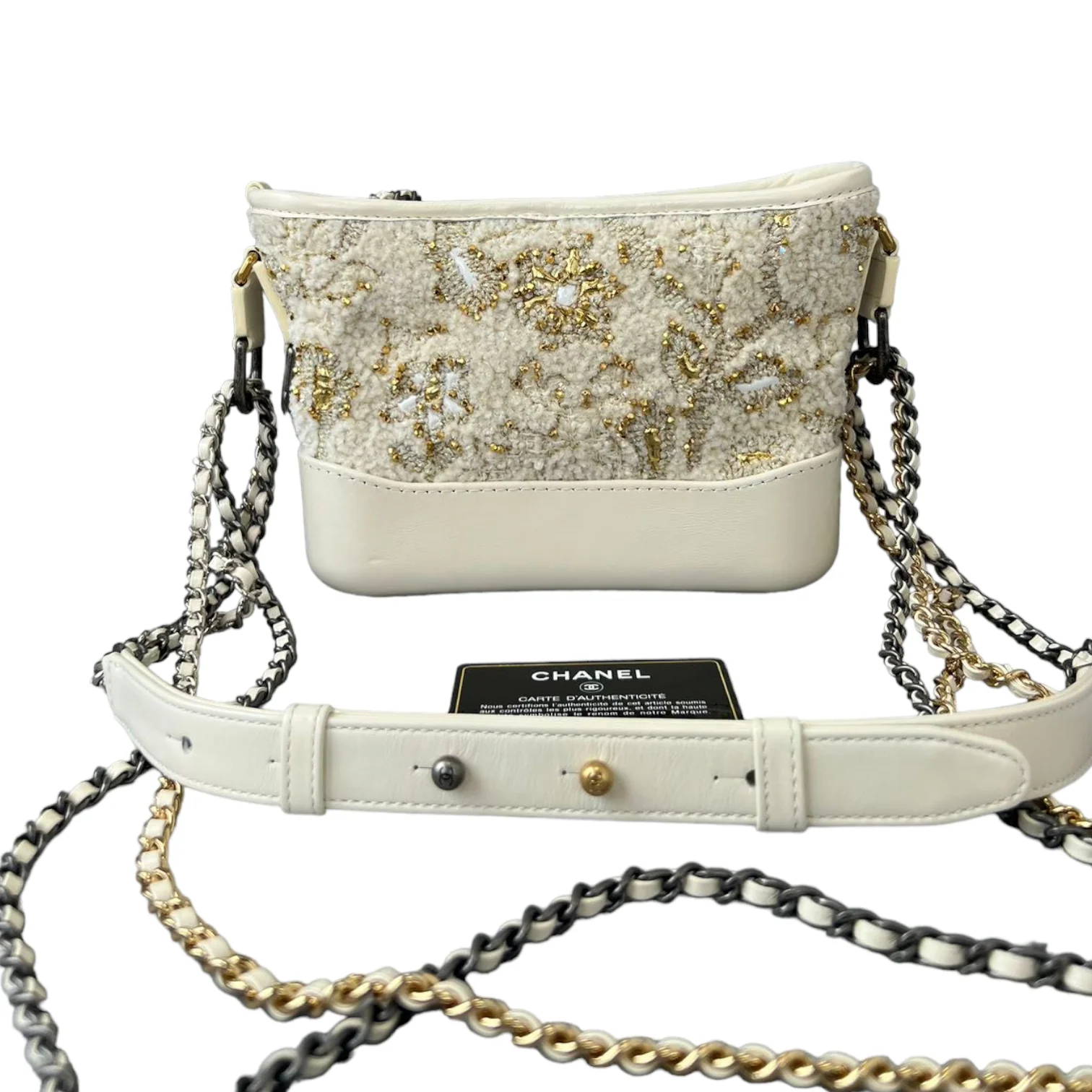 Patent Goatskin Quilted Gabrielle Small Hobo White and Gold - Image 2