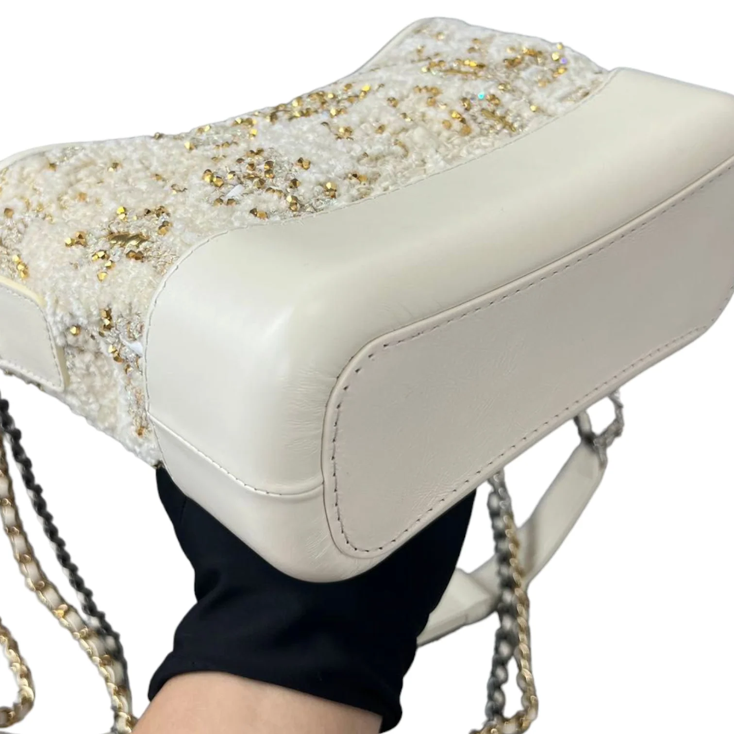 Patent Goatskin Quilted Gabrielle Small Hobo White and Gold - Image 7
