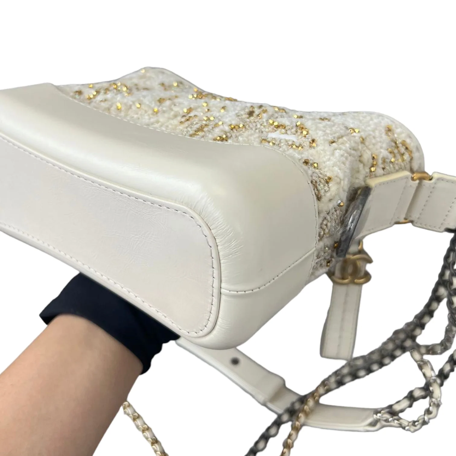Patent Goatskin Quilted Gabrielle Small Hobo White and Gold - Image 8
