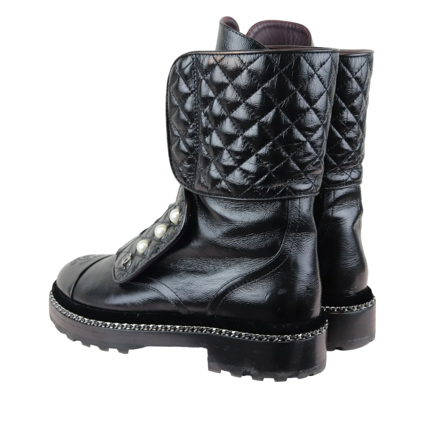 Pearl Combat Boots Crackled Calfskin Velvet Black Size 38 - Image 11
