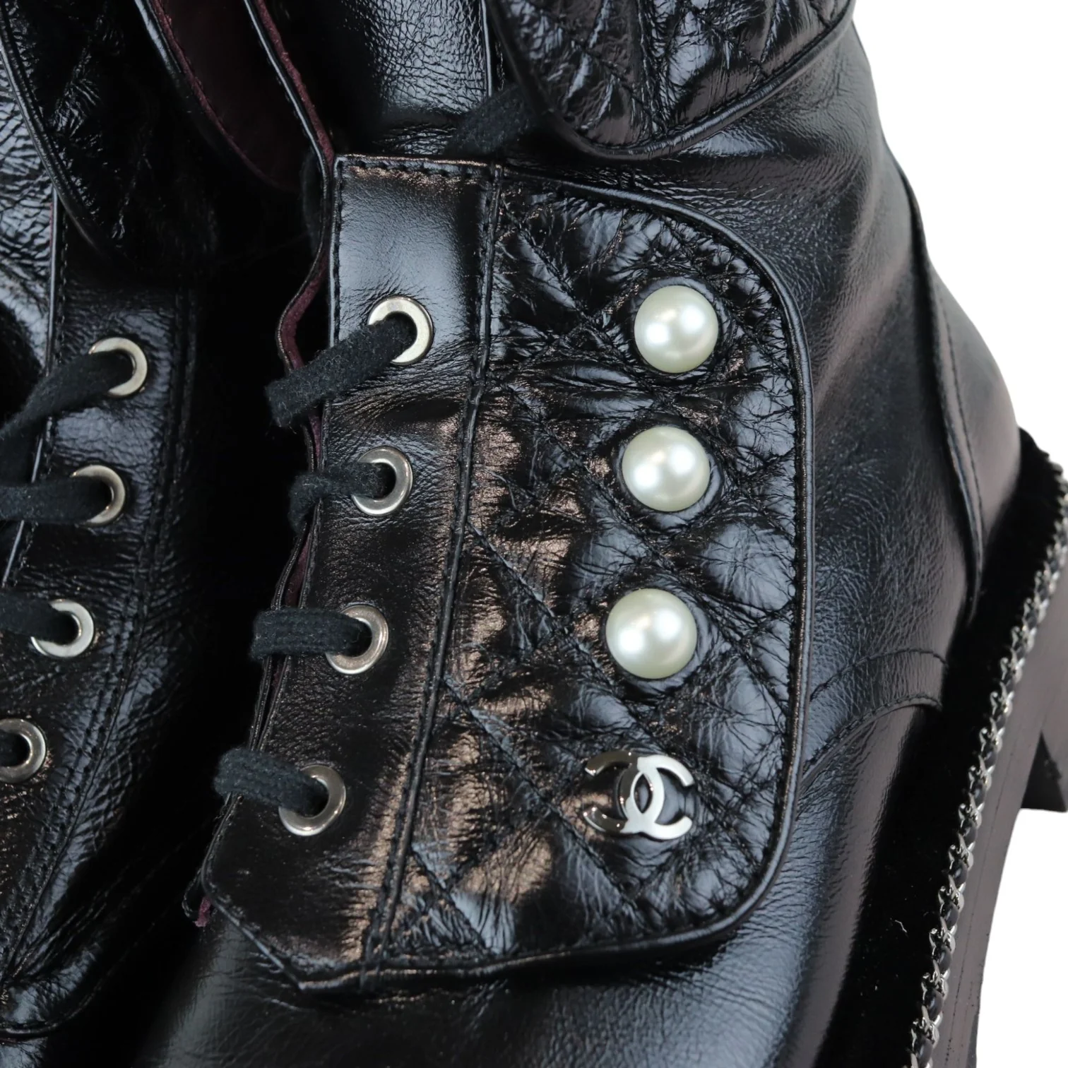 Pearl Combat Boots Crackled Calfskin Velvet Black Size 38 - Image 16