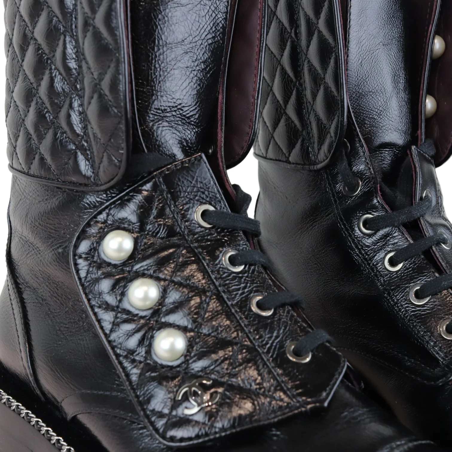 Pearl Combat Boots Crackled Calfskin Velvet Black Size 38 - Image 17