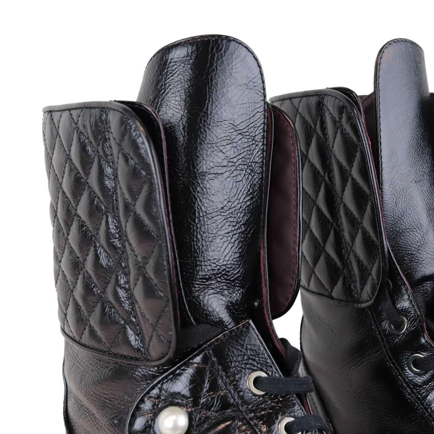 Pearl Combat Boots Crackled Calfskin Velvet Black Size 38 - Image 19