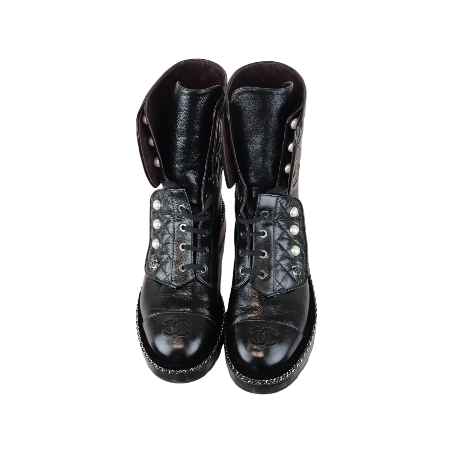 Pearl Combat Boots Crackled Calfskin Velvet Black Size 38 - Image 4